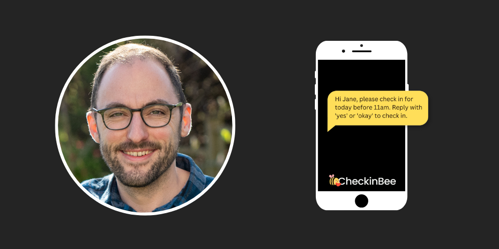 Graphic showing founder of CheckinBee, Adam and a graphic of a check-in message and phone