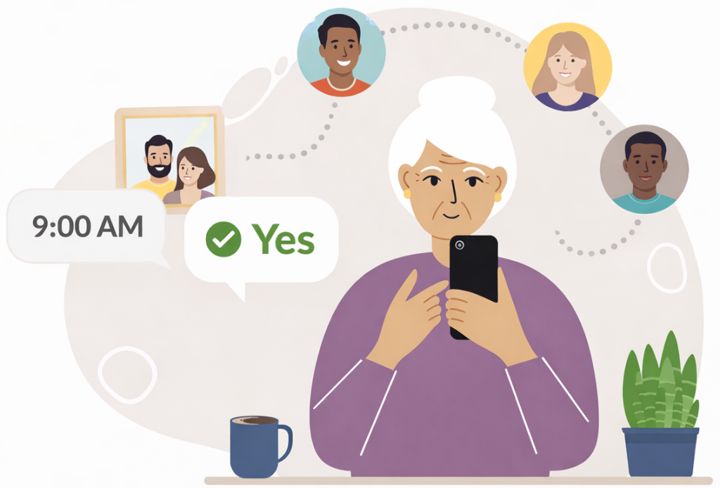 Senior woman receiving daily check-in messages to her phone
