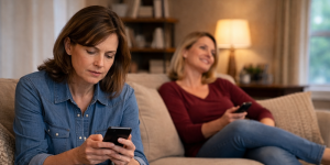 Two adult siblings sat on the couch. One is looking at her phone and the other one watching the tv in the background.