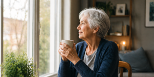 Older woman sitting at a table by a window, holding a mug and looking outside in a softly lit home.